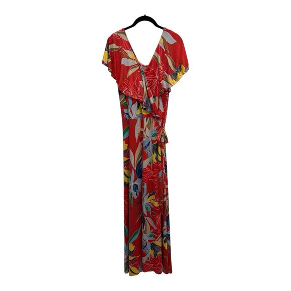Janette Plus Dress Womens 3X Faux Wrap Maxi Orange Floral Ruffle Vneck Tropical - Picture 1 of 9